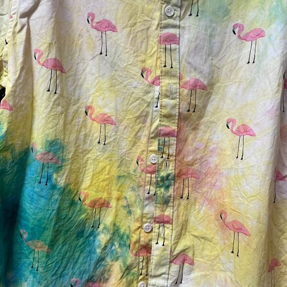 Denim & Flower NWT Tie Dyed Pink Flamingos Cotton Aloha Shirt Size Large Hawaii - Picture 7 of 8